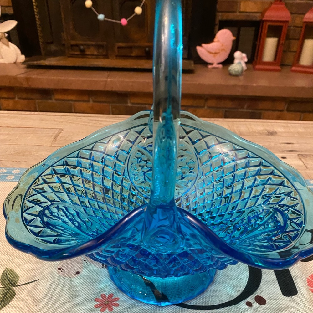 Vintage Large Indiana Embossed Cherries & Diamonds Blue Glass Basket Excellent